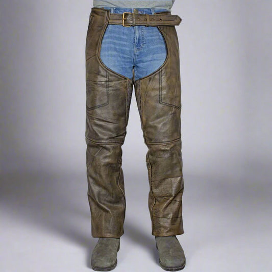Open Road Men's Distressed Brown 4 Pocket Premium Leather Chaps