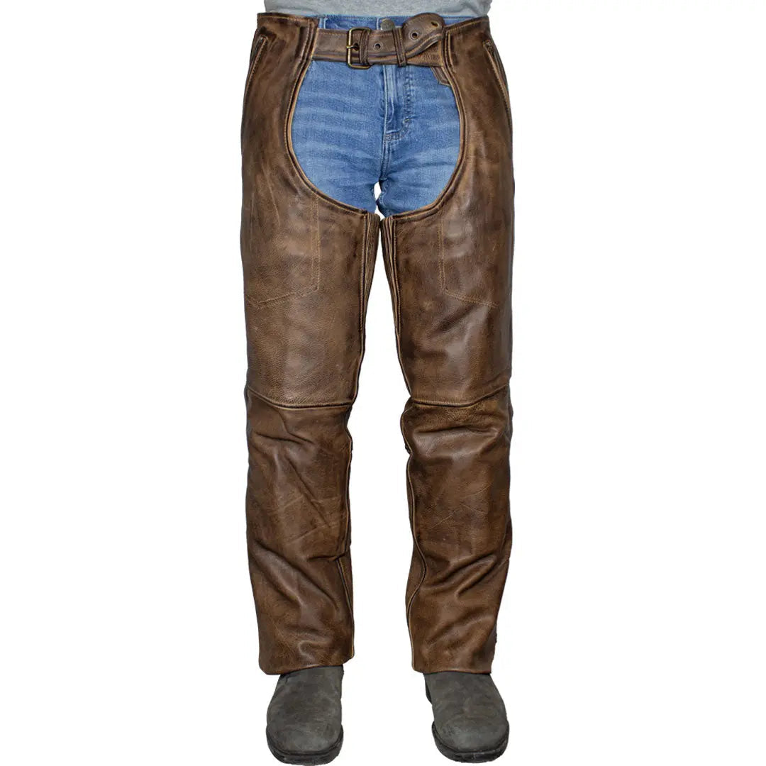 Open Road Men's Vintage Brown 4 Pocket Premium Leather Chaps