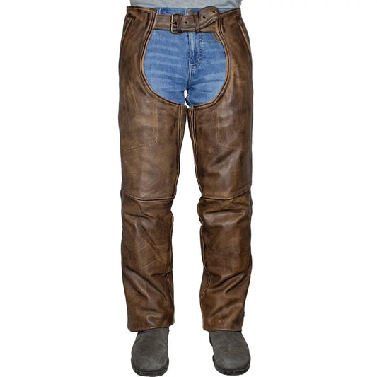 Open Road Men's Vintage Brown 4 Pocket Premium Leather Chaps