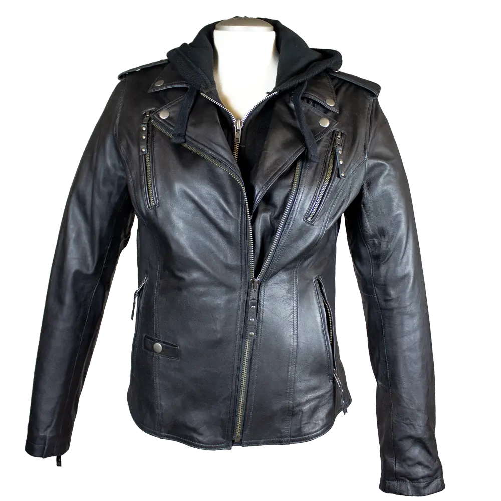 Open Road Women's Hooded Classic Leather Motorcycle Jacket