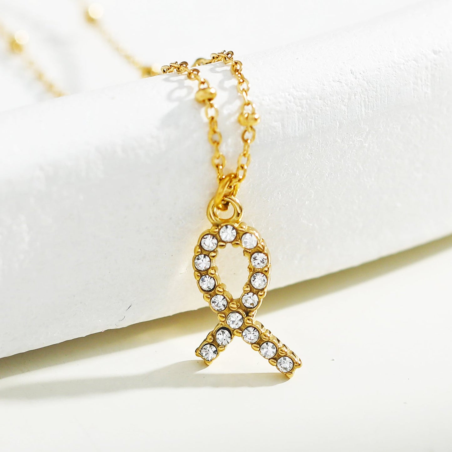 RIBBON: Cancer Fighter Pendant with a Pavé Zirconia Ribbon in Gold
