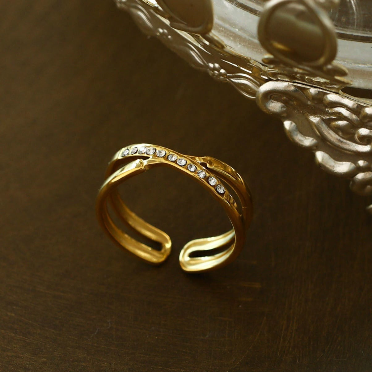 MAZTA Double Stacked Cross Over Zirconia Embellished Ring