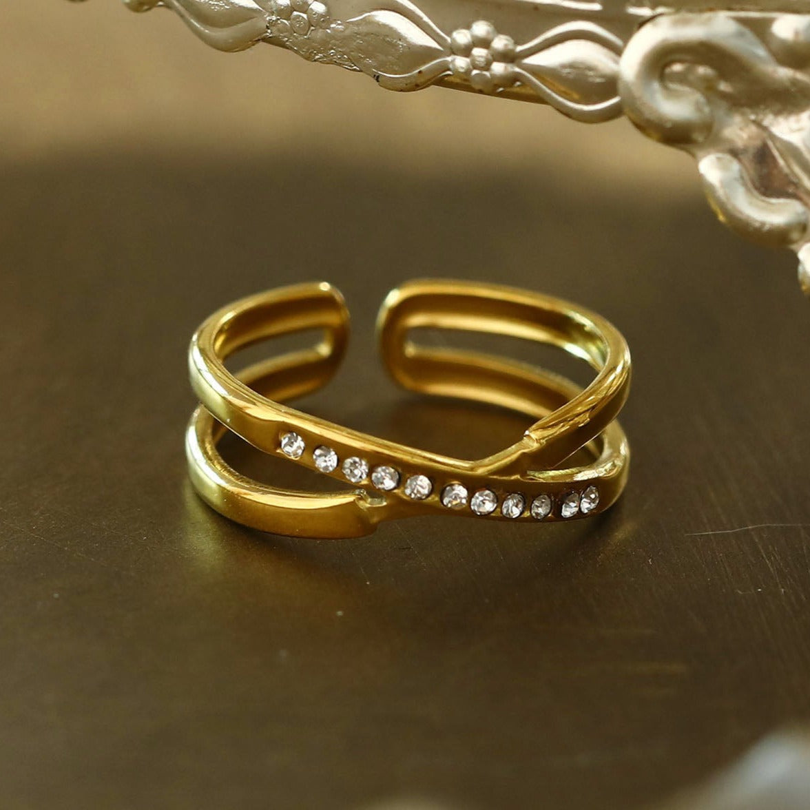 MAZTA Double Stacked Cross Over Zirconia Embellished Ring