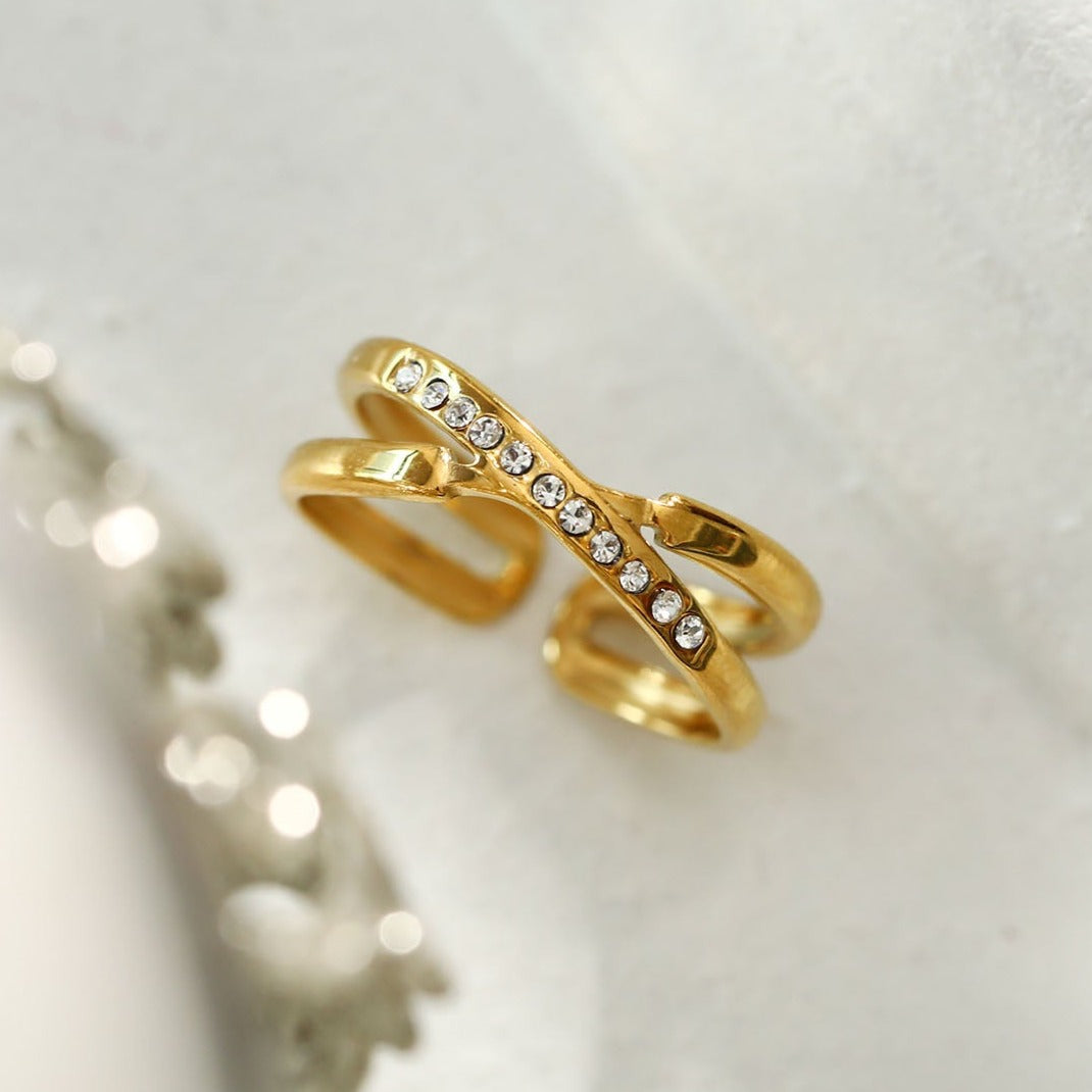 MAZTA Double Stacked Cross Over Zirconia Embellished Ring