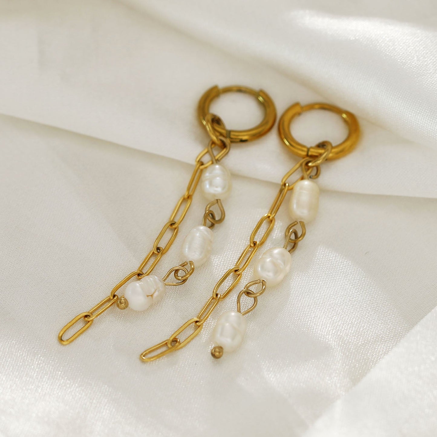 AILIA Duo of Linked Chains with Fresh Water Pearls Drop Earrings