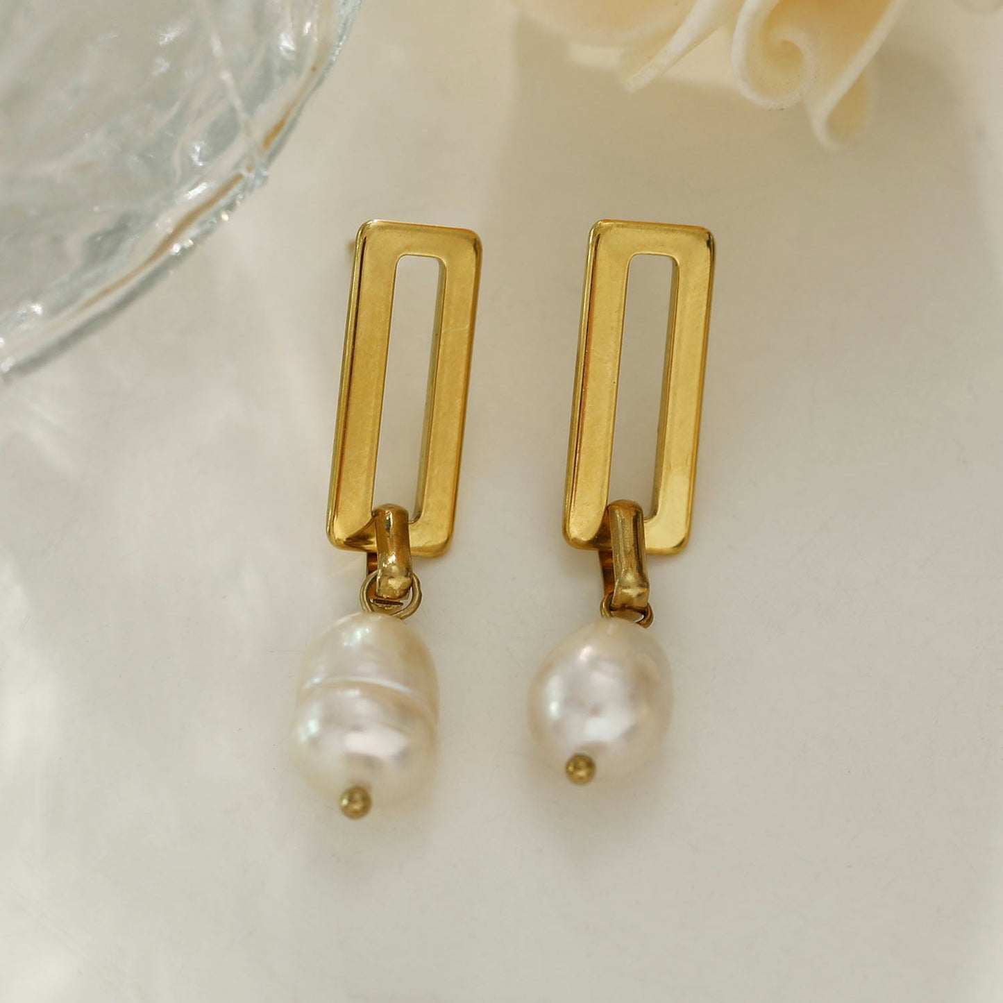 PANGEA Natural Freshwater Pearls on Rectangle Hoops