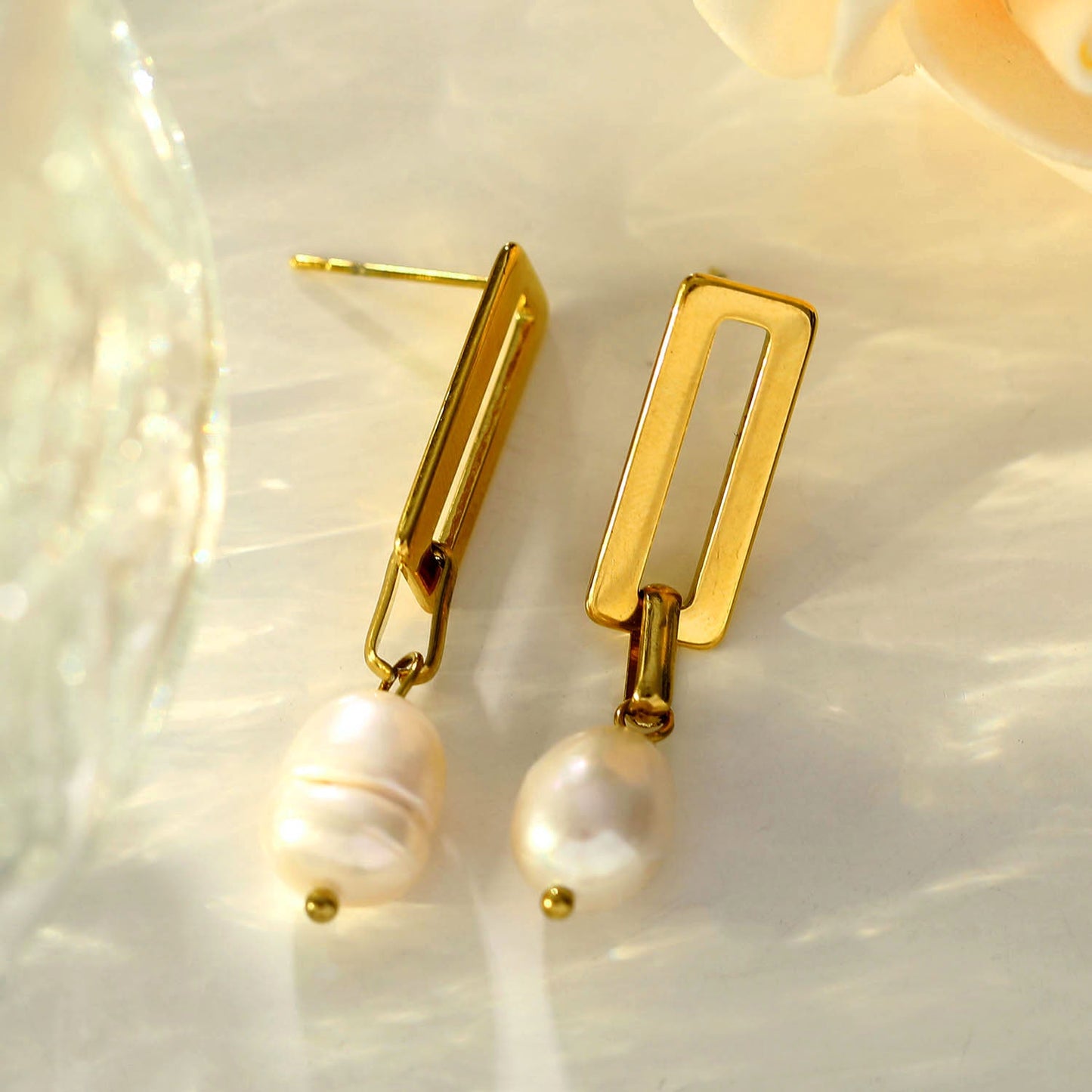 PANGEA Natural Freshwater Pearls on Rectangle Hoops