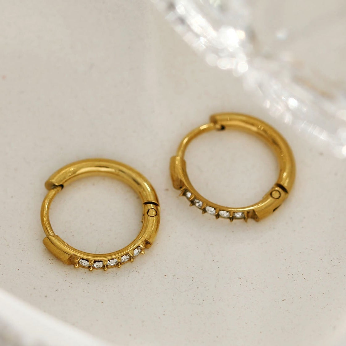 DARCI: Pavé Zirconia Gemstone Embedded Classic Mini Hoop in Gold