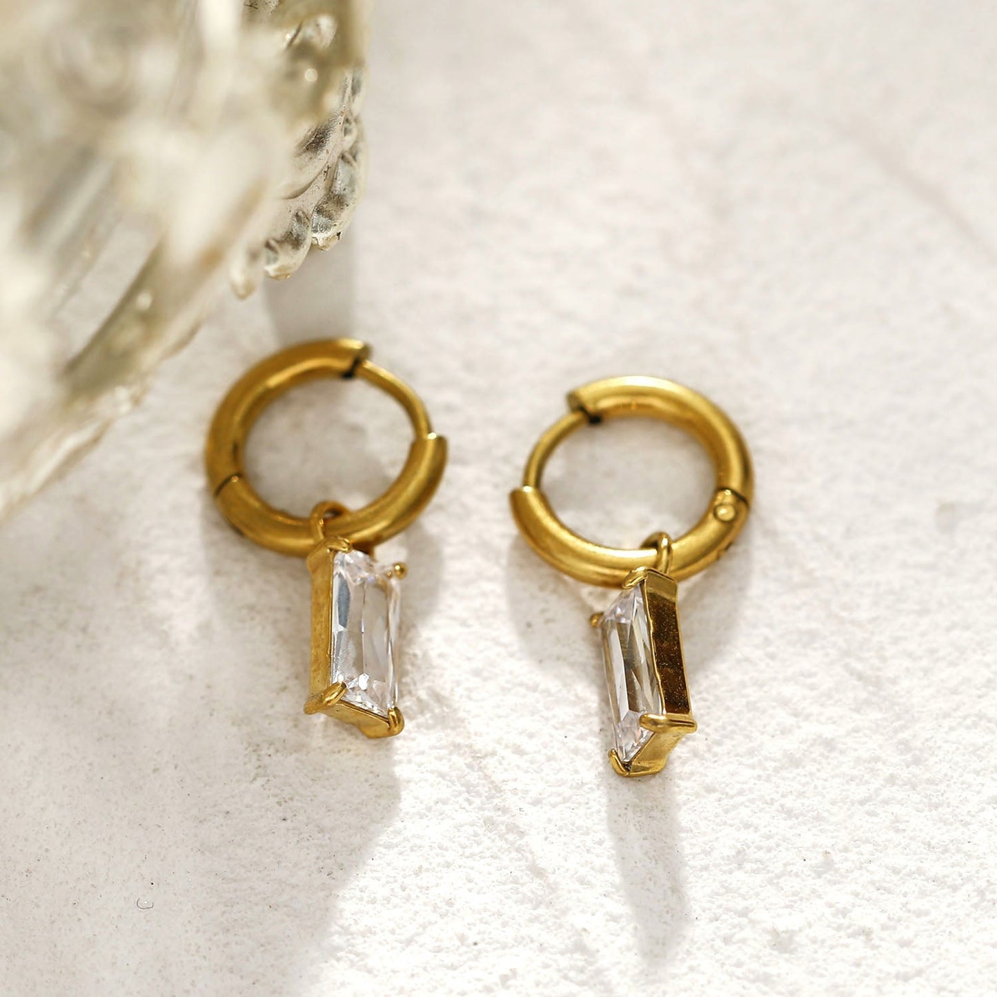 CACA Gold: Vintage Inspired Encased Clear Crystal Drop Hoop Earrings