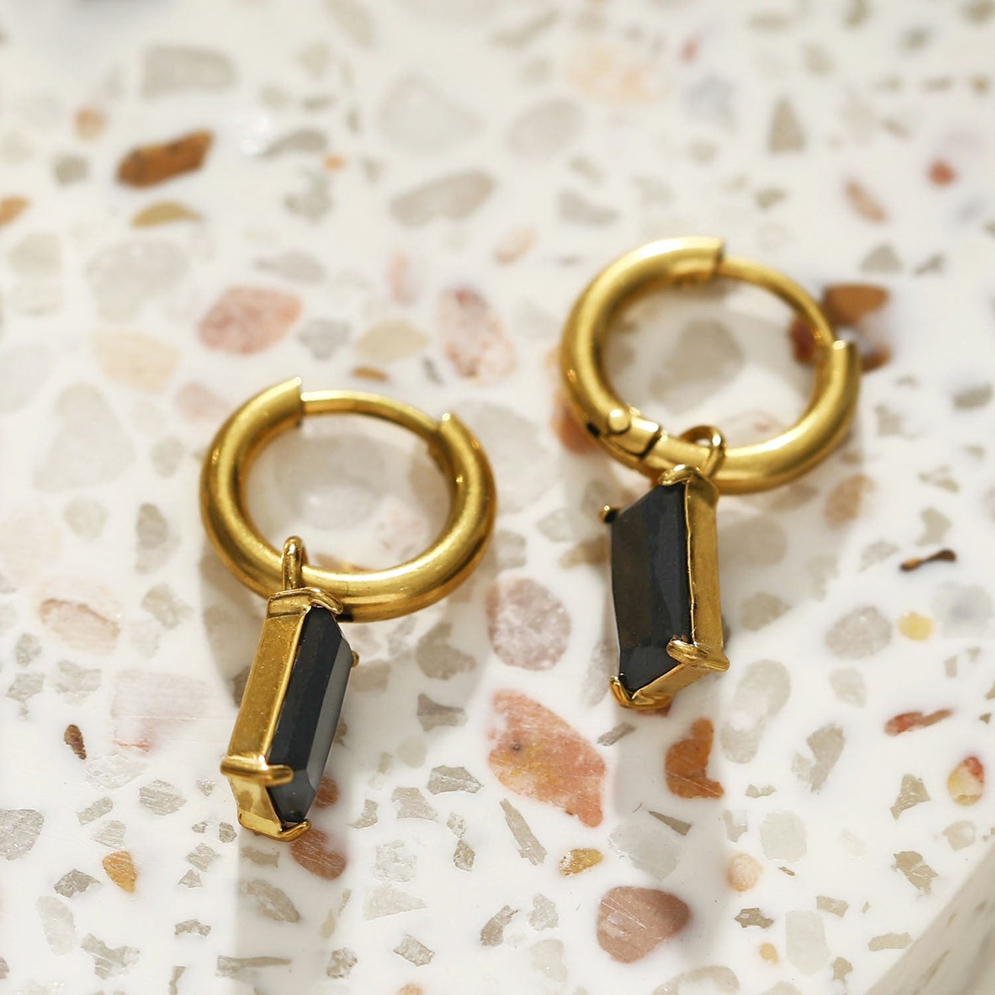 DAYSIA Gold:  Vintage Inspired Encased Black Crystal Drop Earrings