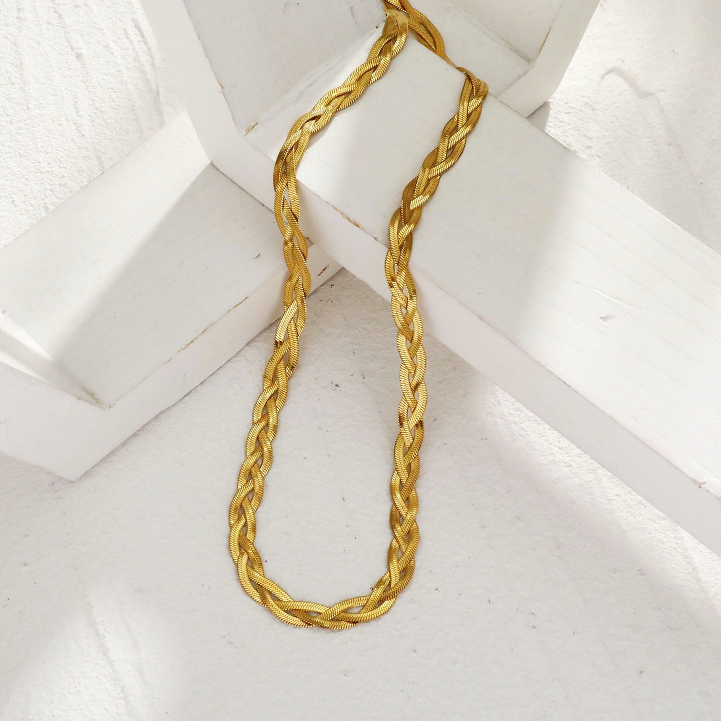 TARA Gold: Intertwined Herringbone Snake Skin Textured Necklace.