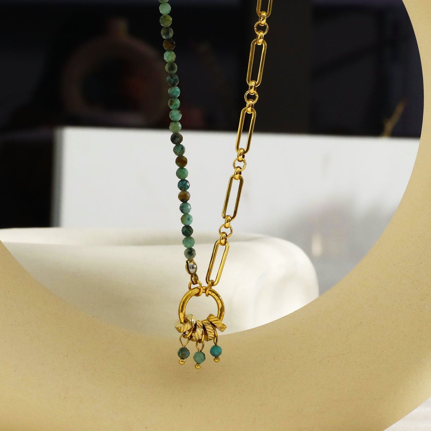 LYON: Boho-Chic African Turquoise Natural Stone Charm Pendant Gold Necklace