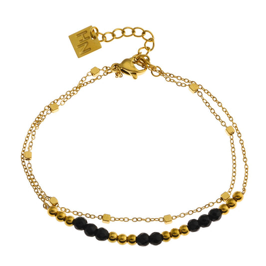 HILDA: Two-in-One Square Beads & Round Beads in Black & Gold Bracelet.