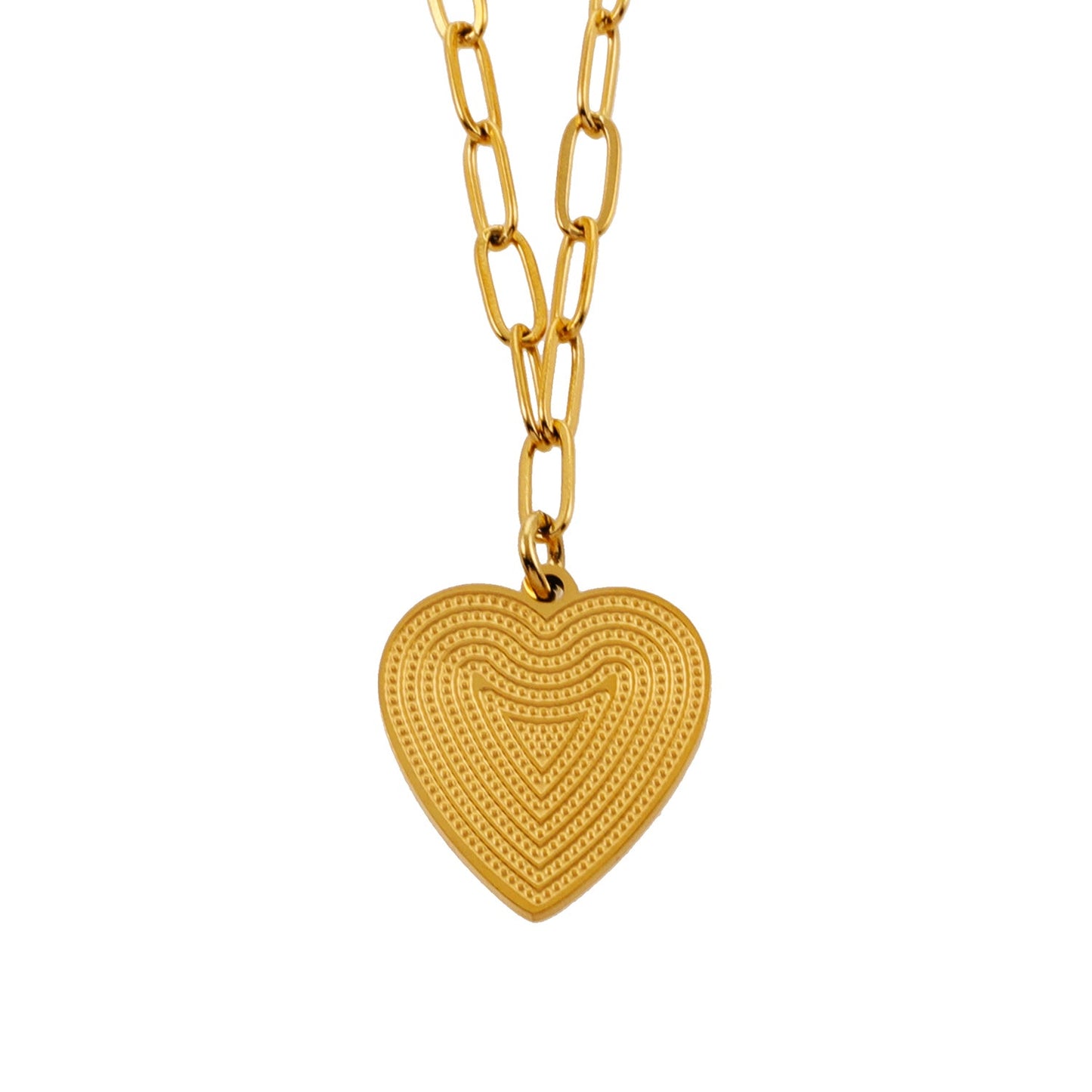 Style ALARA: Mini Paper Clip Chain Anchoring a Patterned Heart Charm in Gold