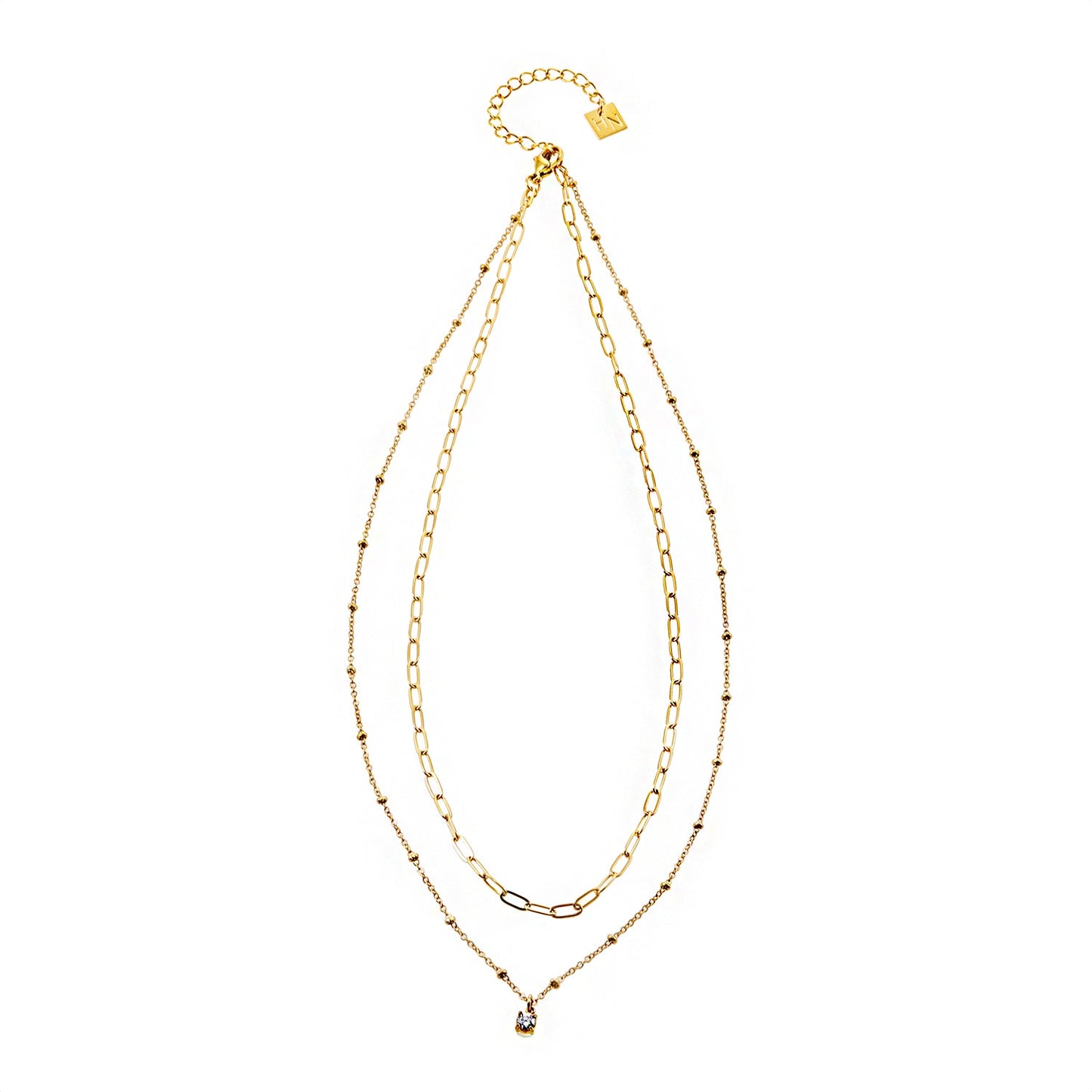 KATERI Gold: Pre-Layered Chains Necklace with a Solitaire Zirconia Charm Pendant