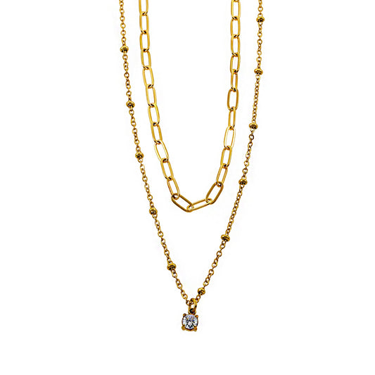 KATERI Gold: Pre-Layered Chains Necklace with a Solitaire Zirconia Charm Pendant