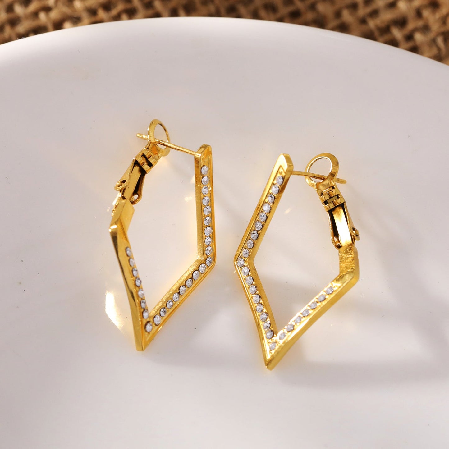 ALMA: Twisted Diamond Shaped Hoop Earrings Embedded with Zirconia Gemstones