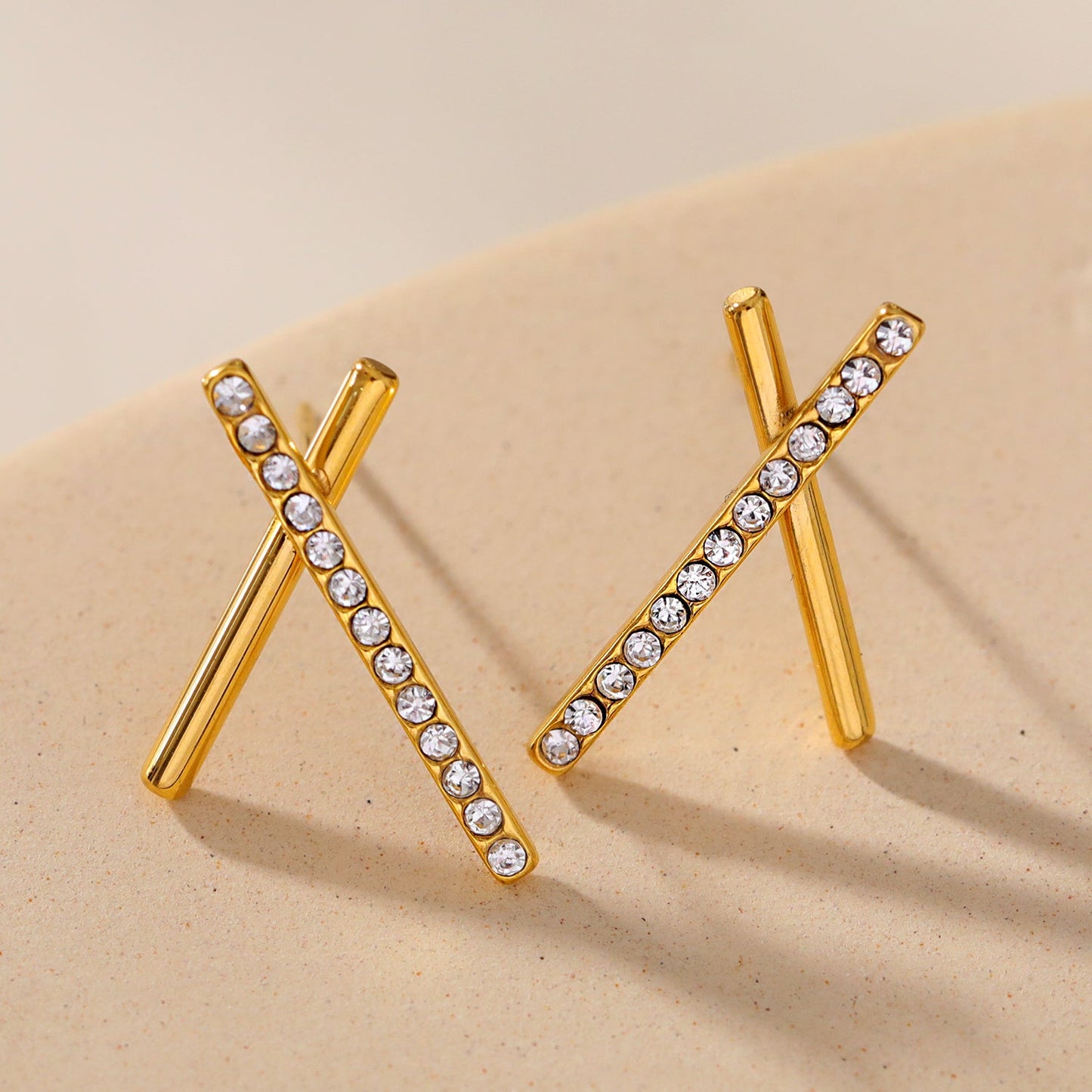 TESSA: Criss-Cross Duo Bars Stud Earrings with Zirconia Gemstones