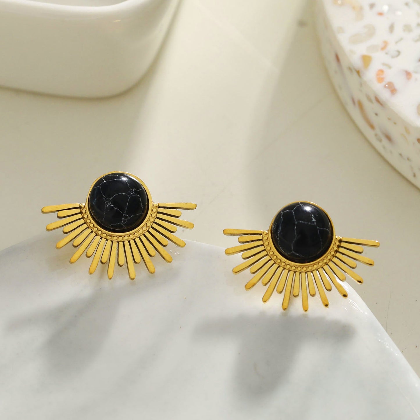 LOVISA Half-Sun Symbol Natural Black Stone Stud Earrings
