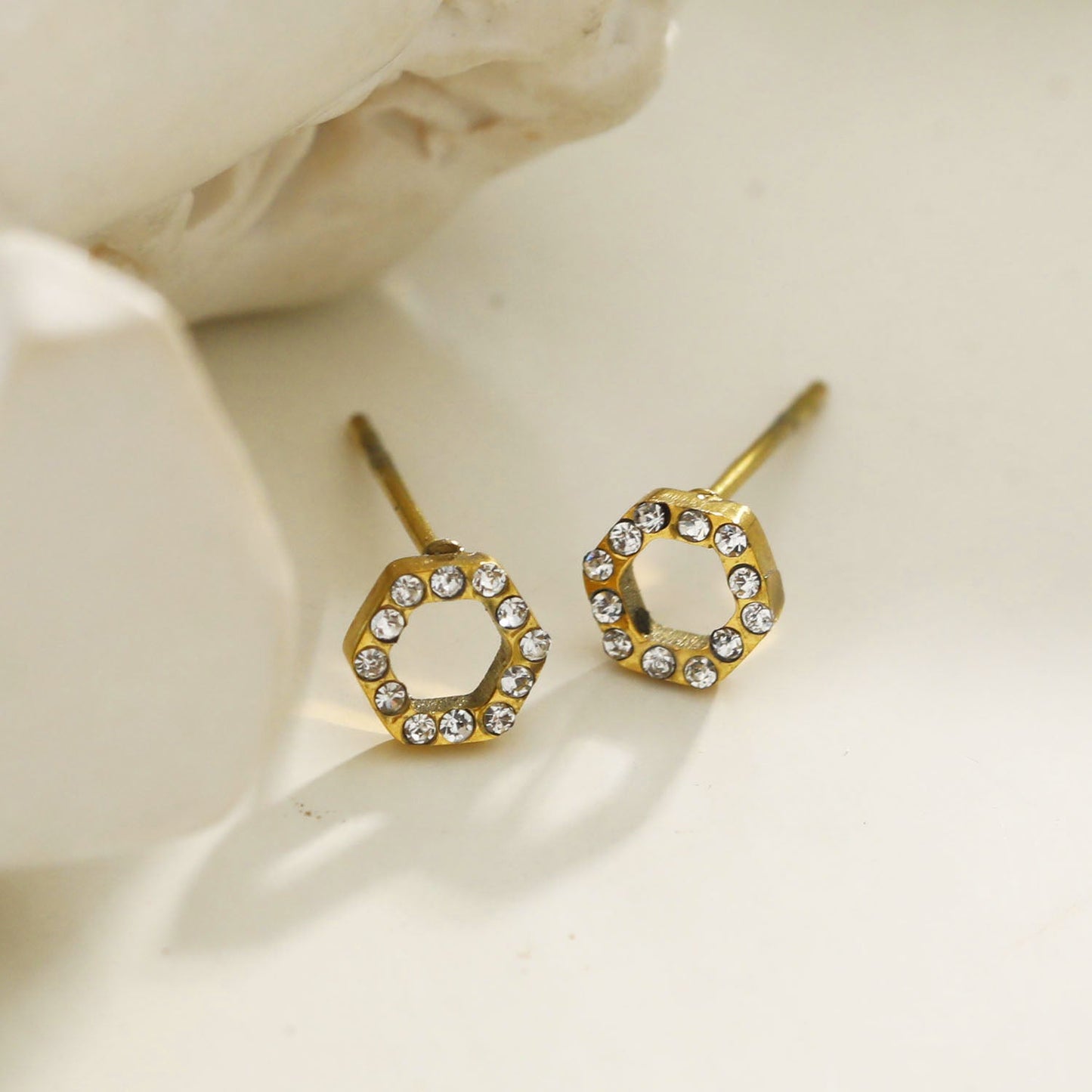 ELSA Gold: Hexagonal Zirconia Stud Earrings