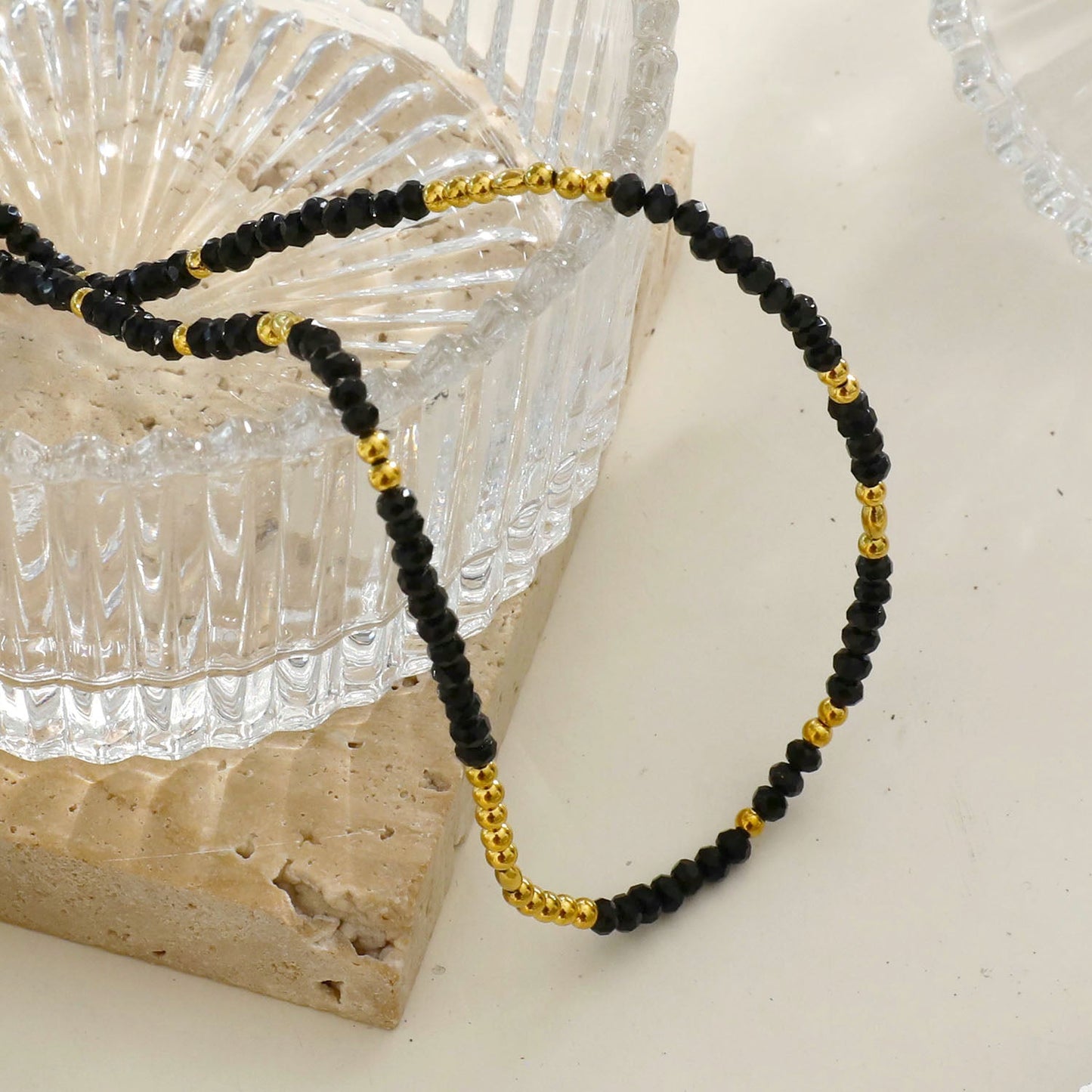 LINA Black Crystal and Gold Beads Chain Necklace