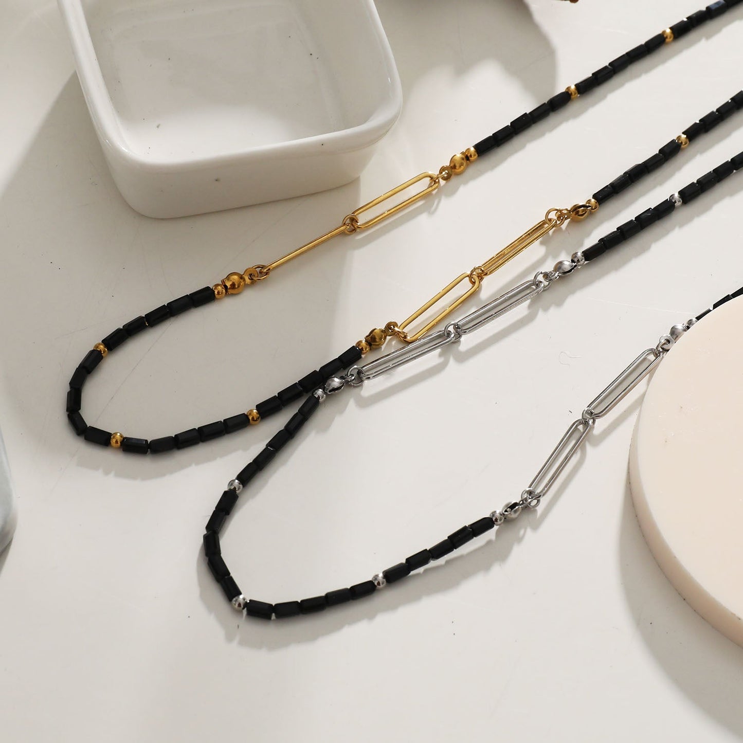 LORENA Black & Silver Beaded Paperclip Chain Necklace