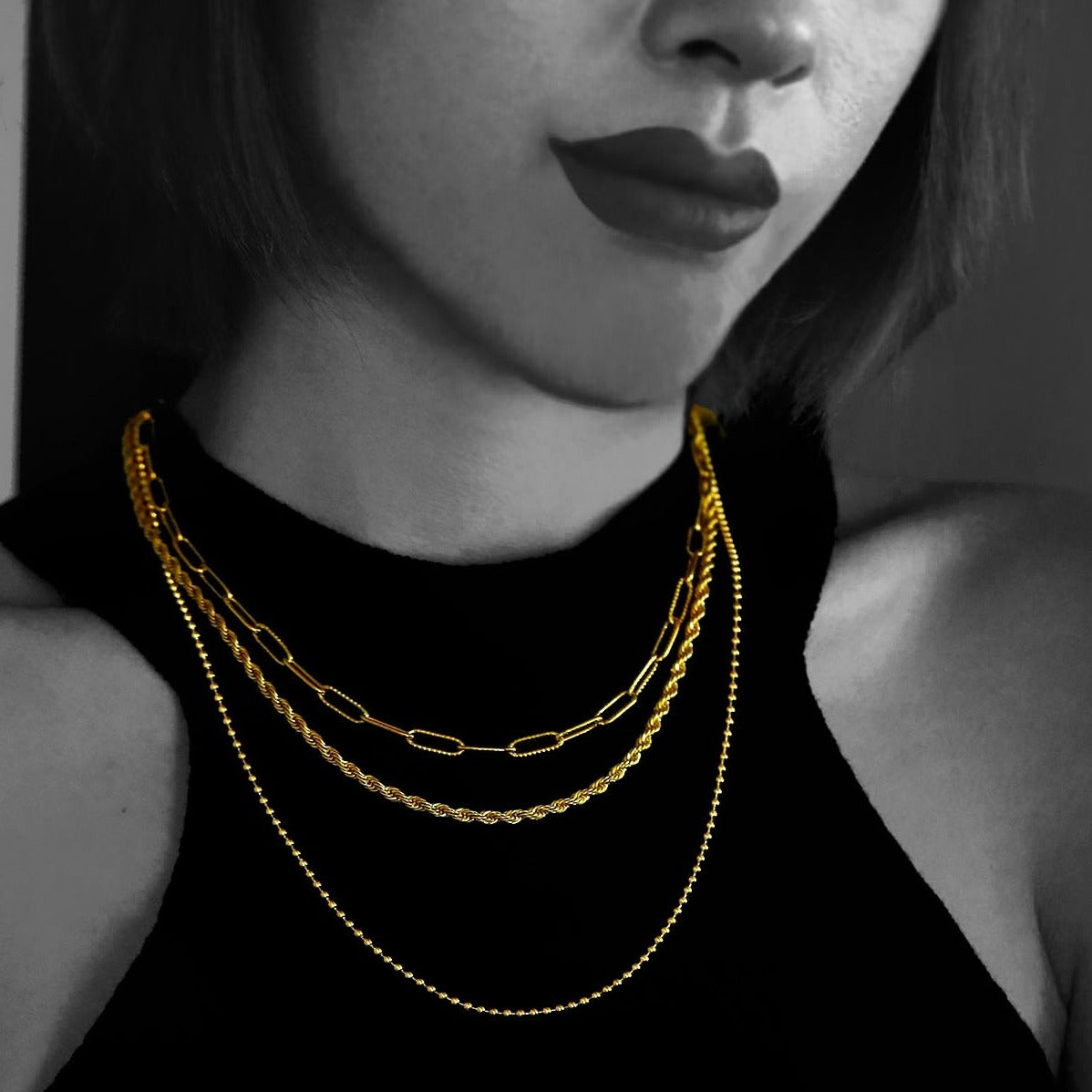 SELENE: Triple Layer Mixed Chain Gold Necklace