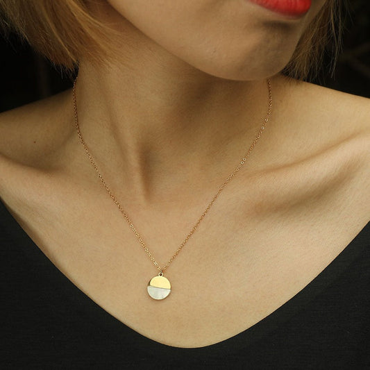 EMERSYN Gold: Minimalist Metal & Shell Circle Pendant Necklace
