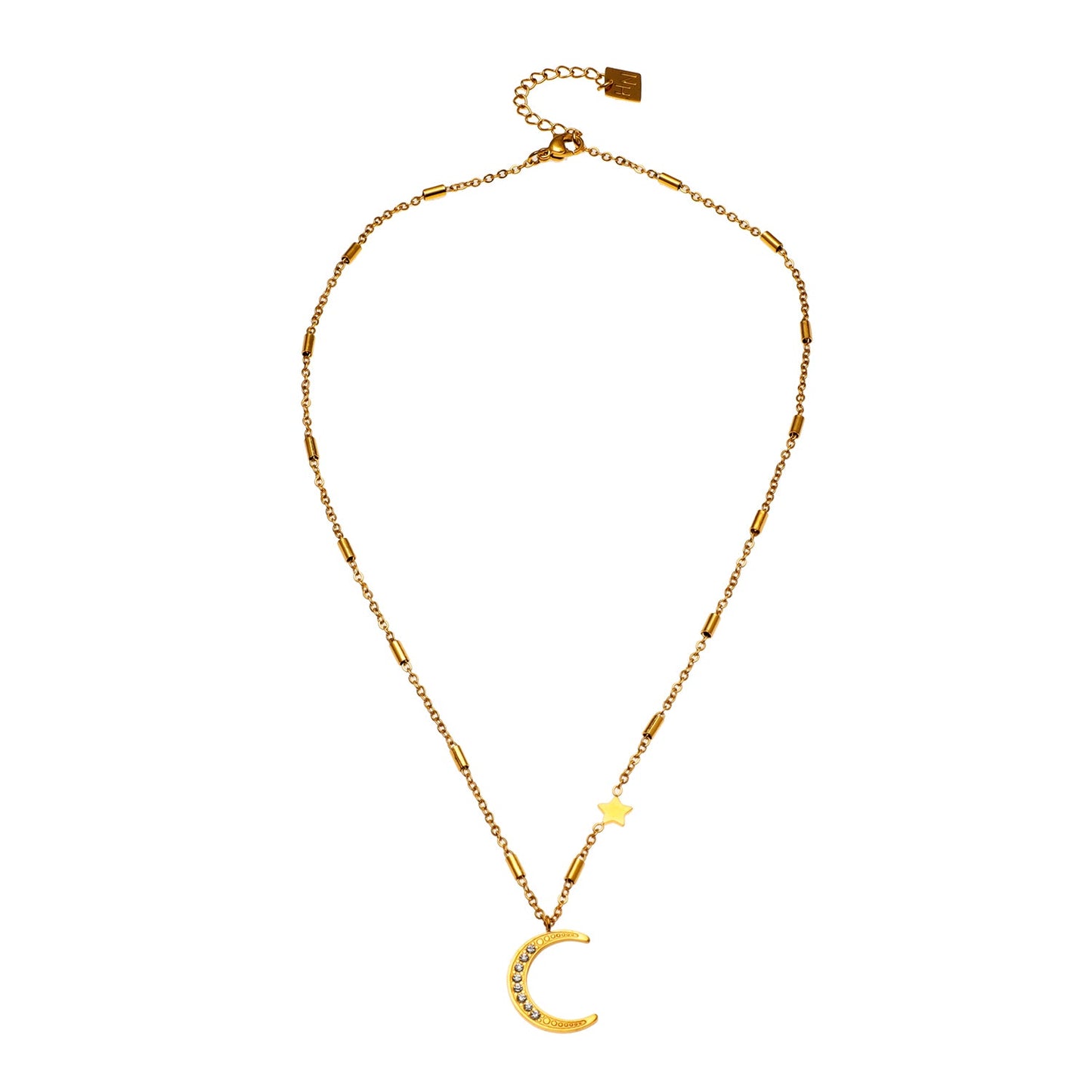 ALMERIA Gold: Celestial Magic - Zirconia Embedded Crescent Moon and Star Necklace