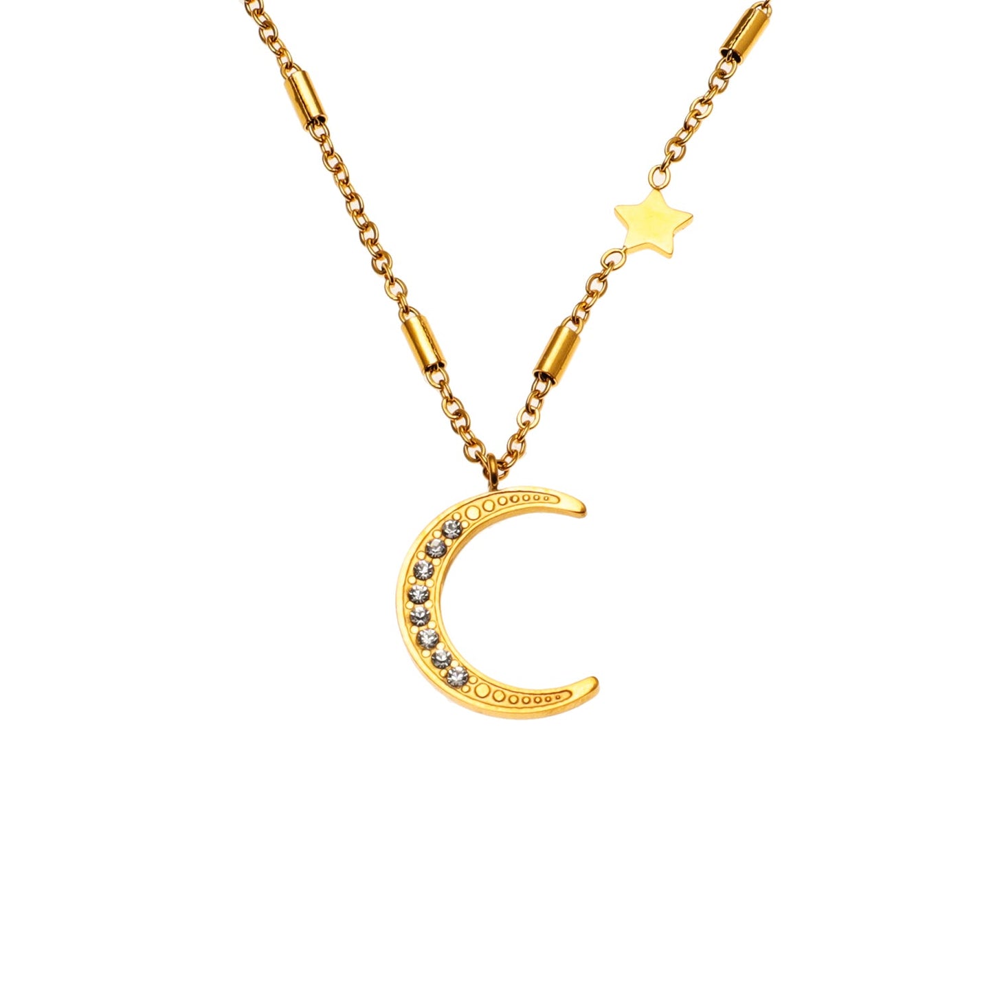 ALMERIA Gold: Celestial Magic - Zirconia Embedded Crescent Moon and Star Necklace