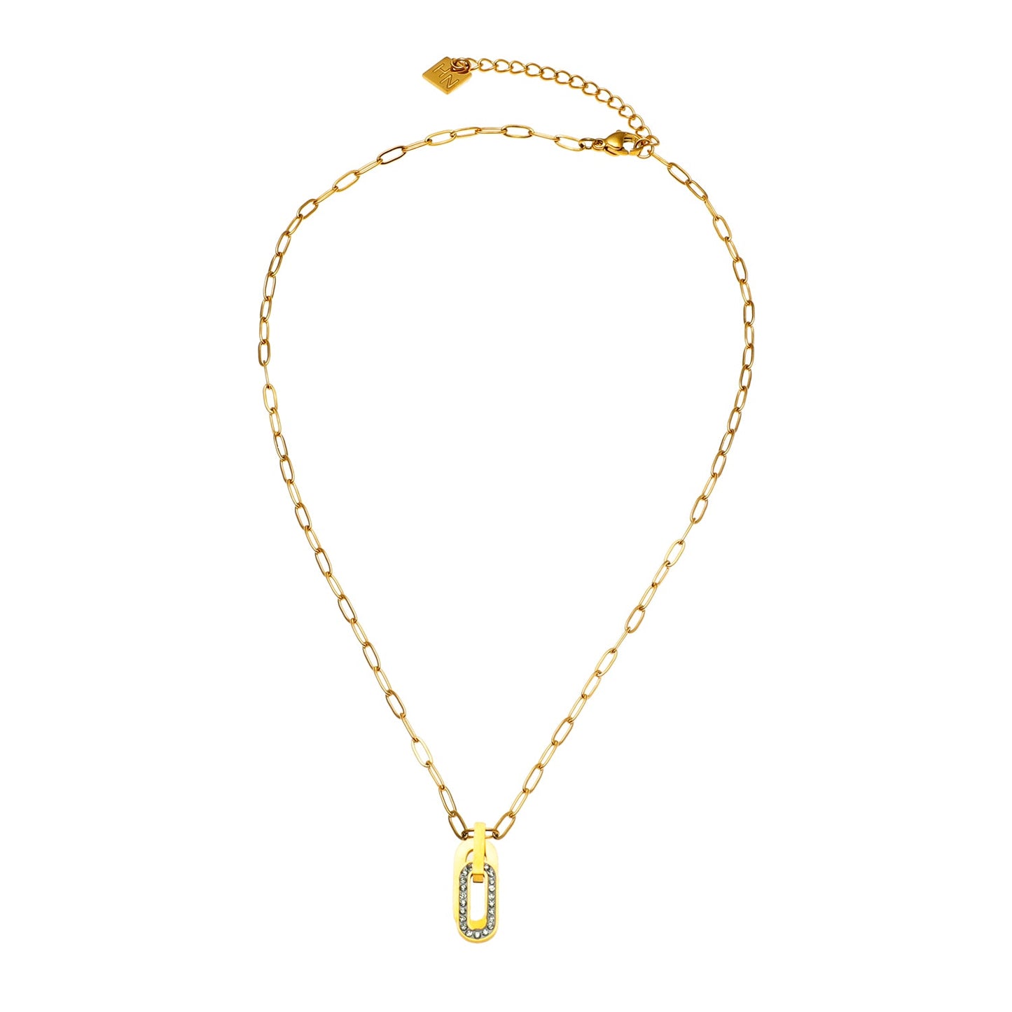 CHICALA: Zirconia-Embedded Oval Shaped Charms Pendant on Paper-Clip Chain Necklace