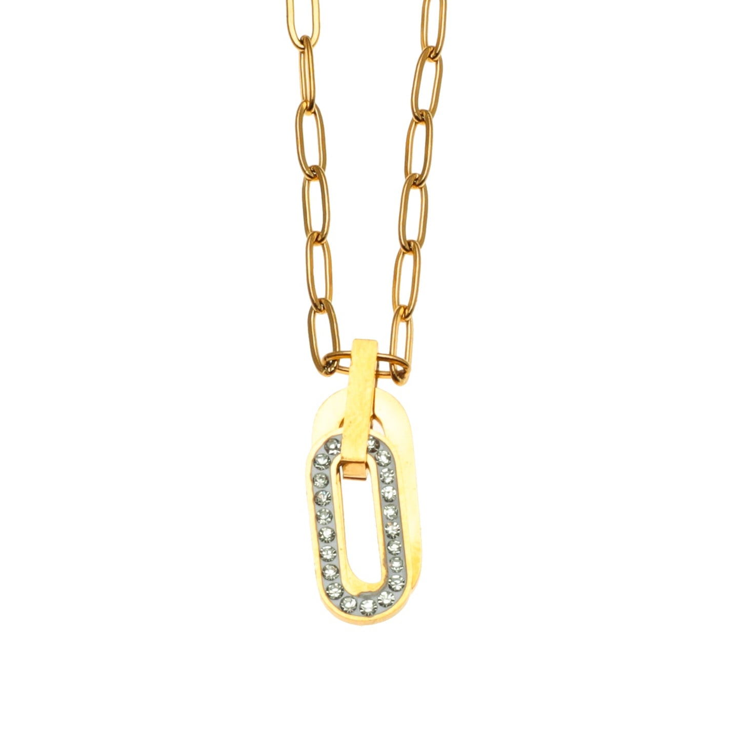 CHICALA: Zirconia-Embedded Oval Shaped Charms Pendant on Paper-Clip Chain Necklace