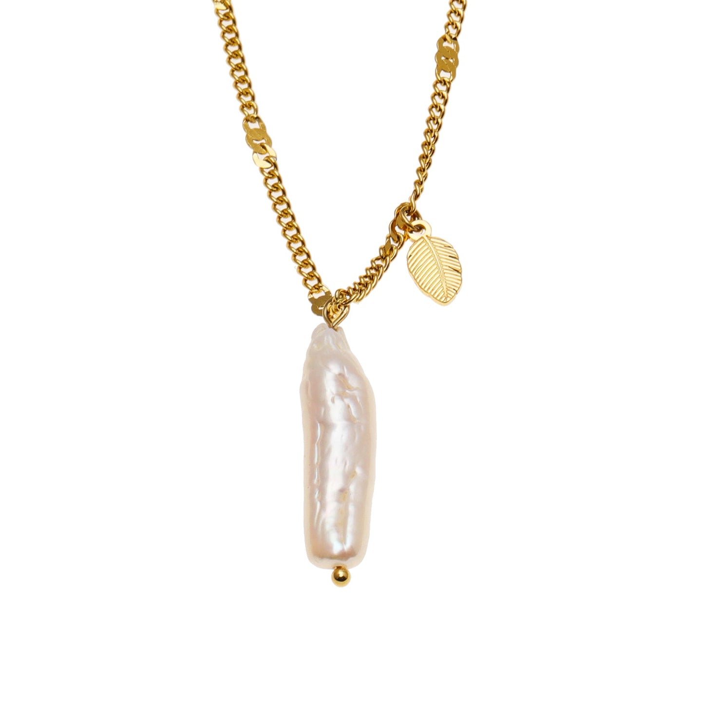 ANNECY: Nature Inspired Chic Chain Necklace Enhanced with Baroque Pearl and Leaf Charm
