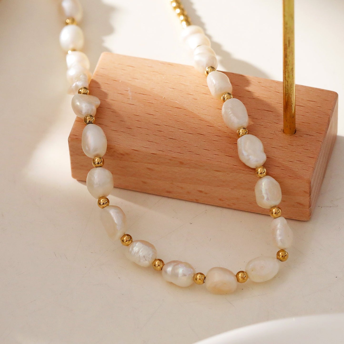 ELISA: Fresh Water Pearls & Gold Beaded Chain Necklace
