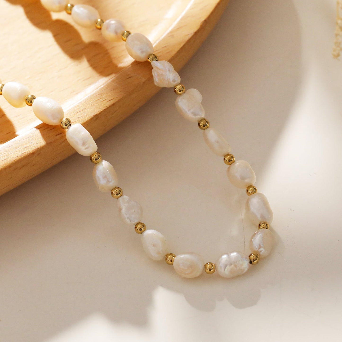 ELISA: Fresh Water Pearls & Gold Beaded Chain Necklace