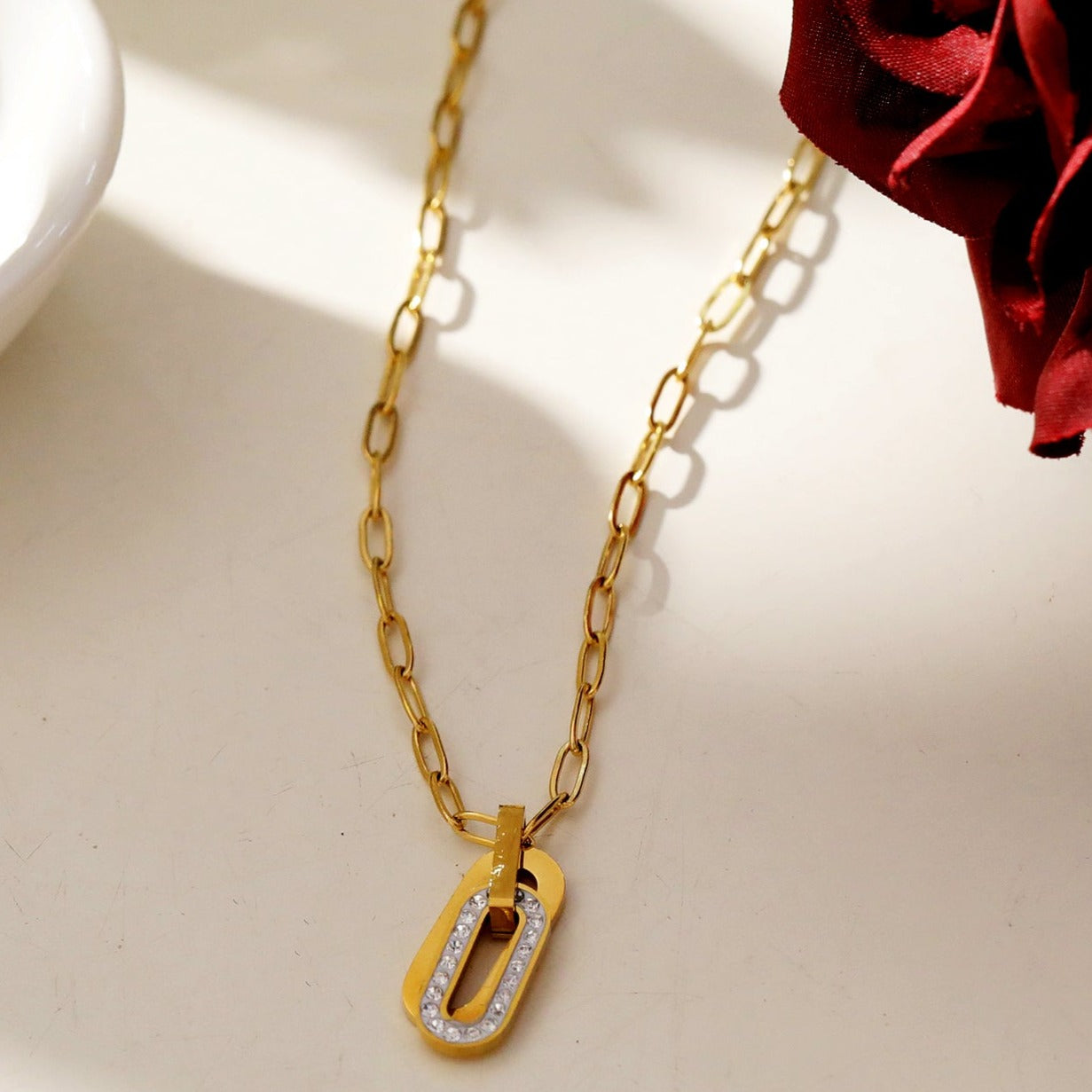 CHICALA: Zirconia-Embedded Oval Shaped Charms Pendant on Paper-Clip Chain Necklace