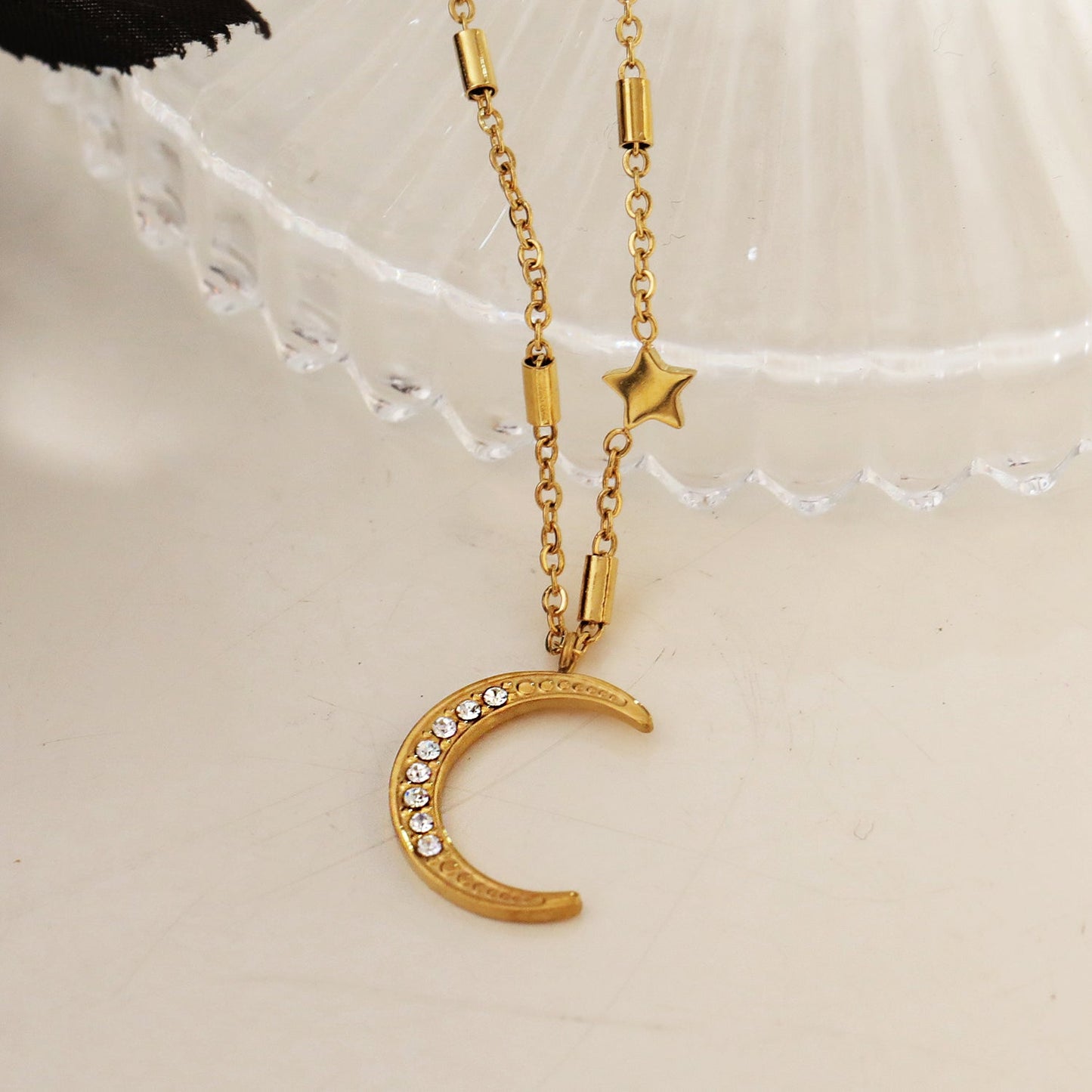 ALMERIA Gold: Celestial Magic - Zirconia Embedded Crescent Moon and Star Necklace
