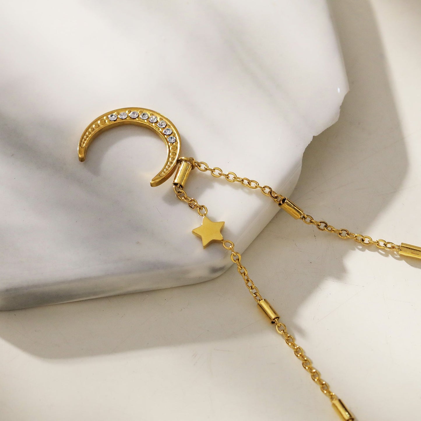 ALMERIA Gold: Celestial Magic - Zirconia Embedded Crescent Moon and Star Necklace