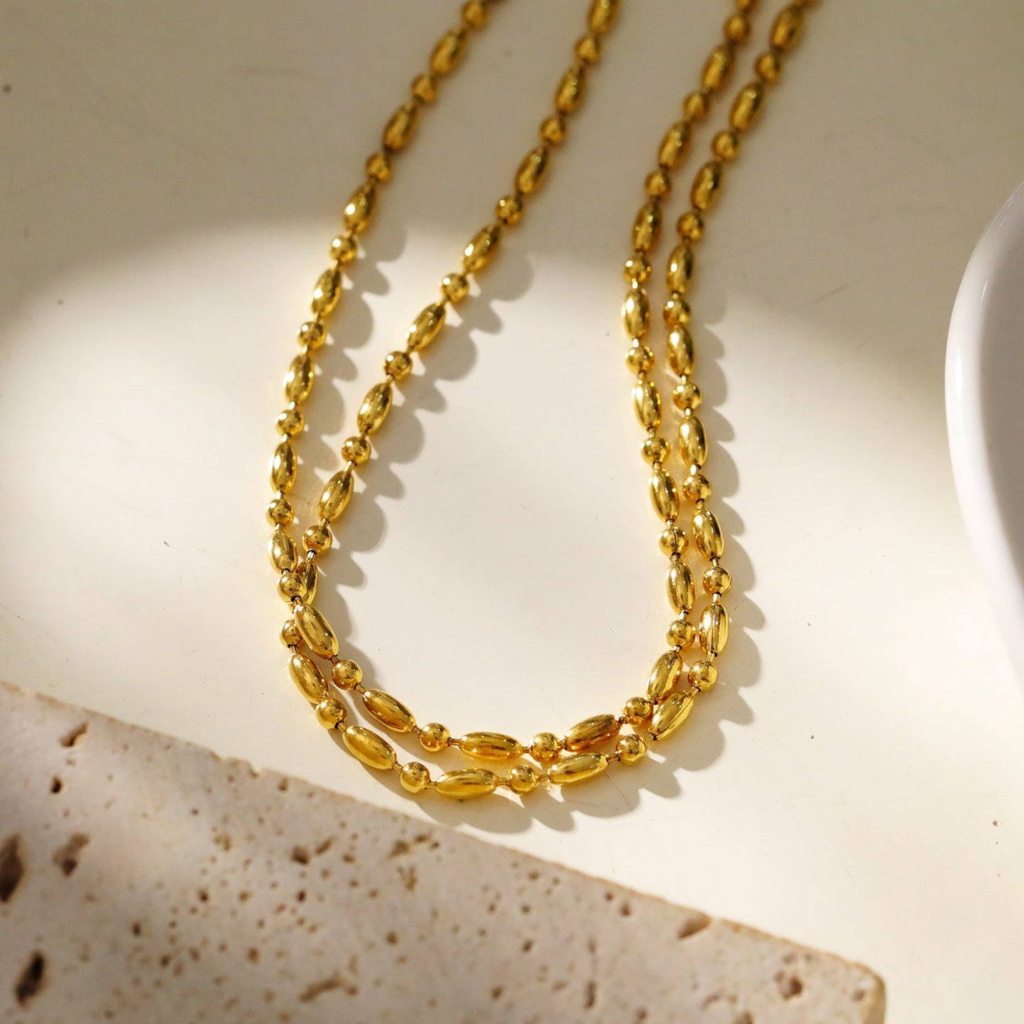 GUADIX: Double Layered Oval & Round Beaded Chain Necklace