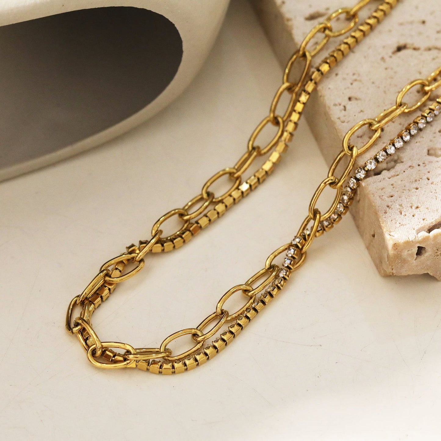 HERMINE Inter Mingled Zirconia Tennis & Paper Clip Layered Necklace