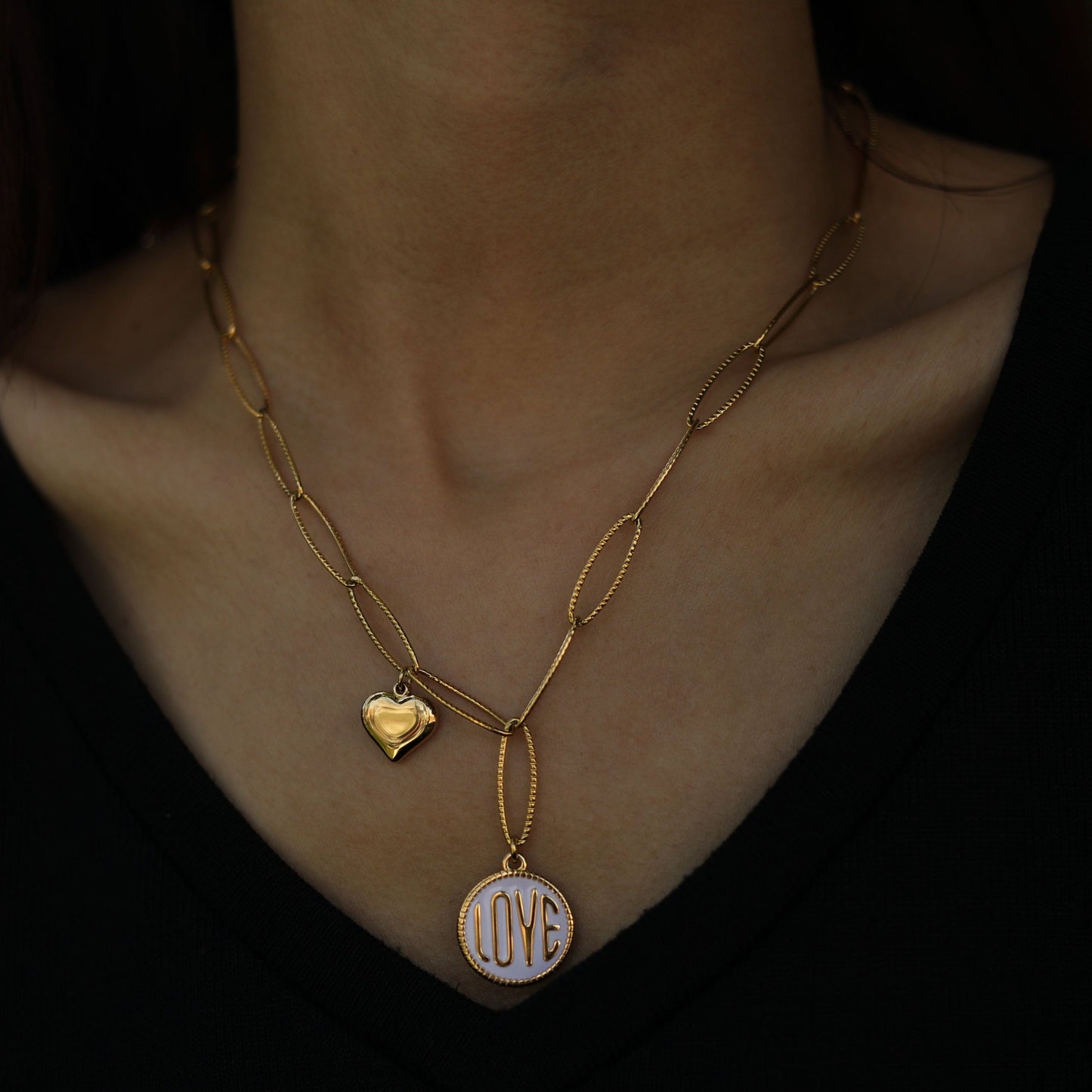 EMMA Retro LOVE Scripted Pendant on a Contemporary Chain Linked Necklace