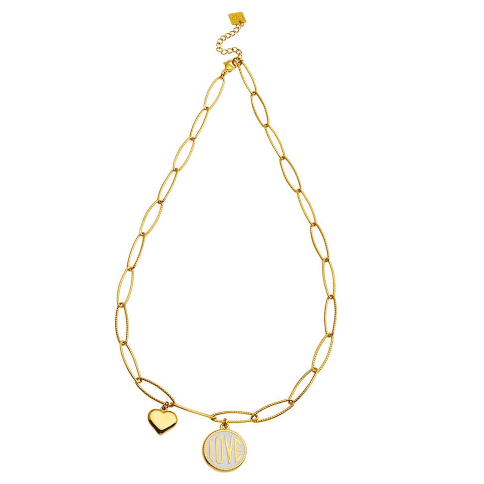 EMMA Retro LOVE Scripted Pendant on a Contemporary Chain Linked Necklace