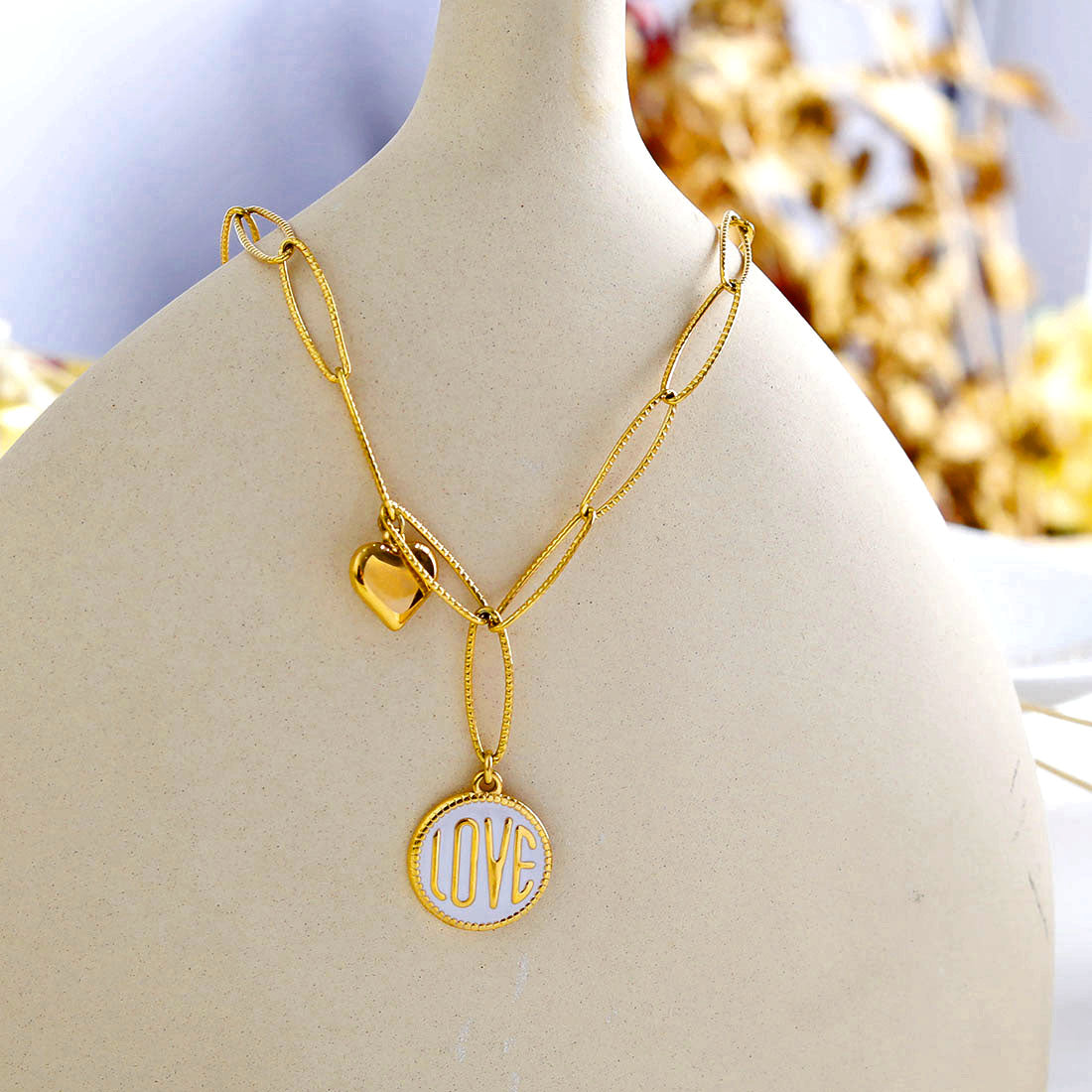 EMMA Retro LOVE Scripted Pendant on a Contemporary Chain Linked Necklace