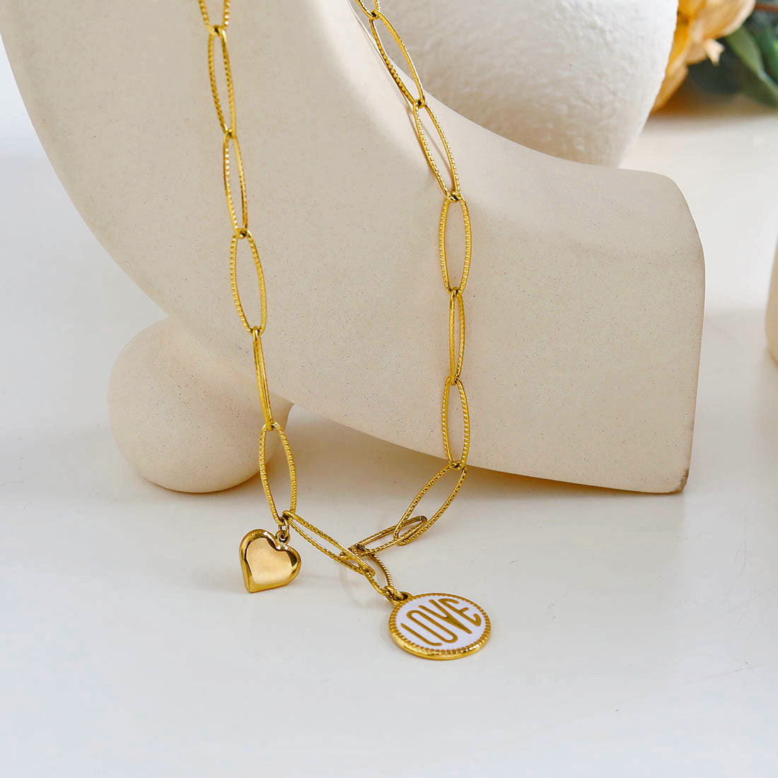 EMMA Retro LOVE Scripted Pendant on a Contemporary Chain Linked Necklace