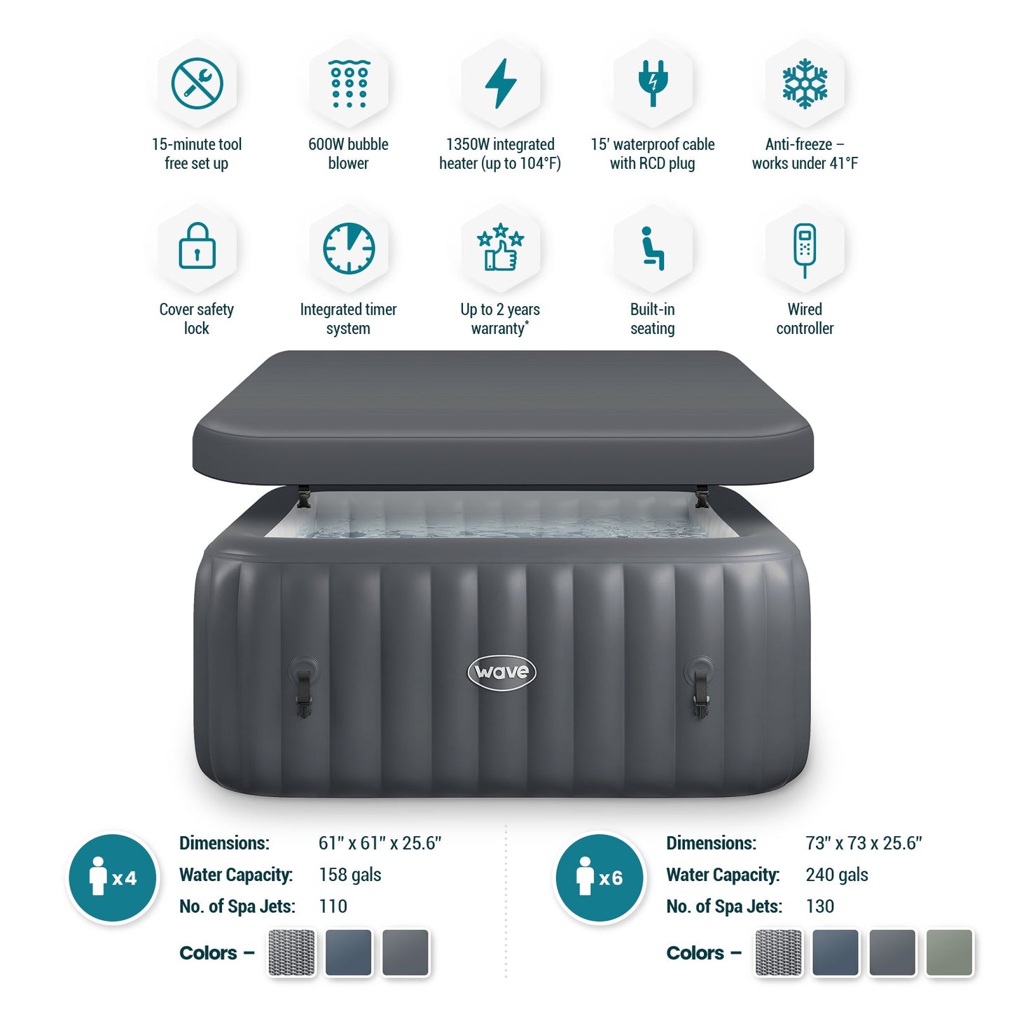 Wave | Pacific | 4/6-Person Inflatable Hot Tub | Square | Integrated Heater