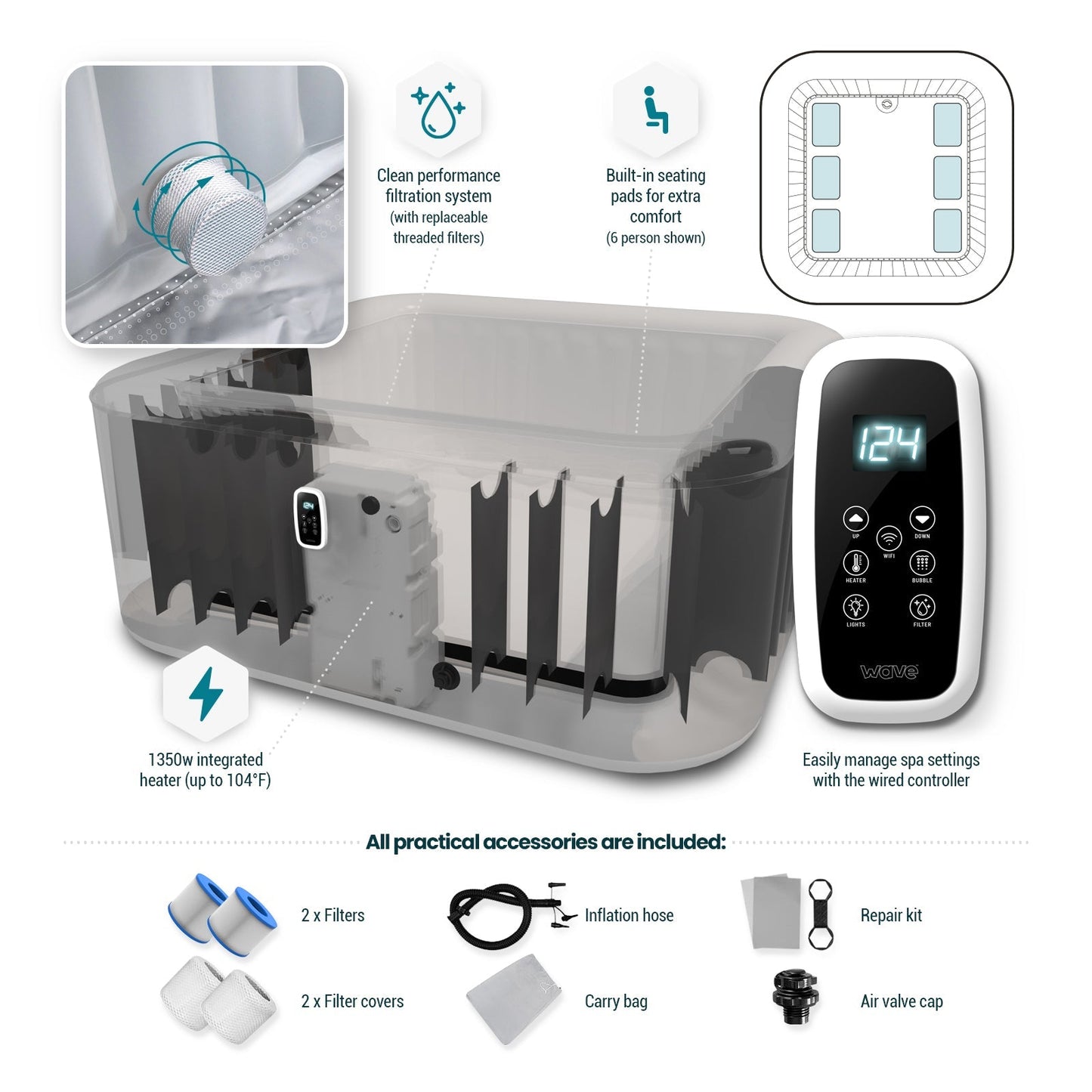 Wave | Pacific | 4/6-Person Inflatable Hot Tub | Square | Integrated Heater