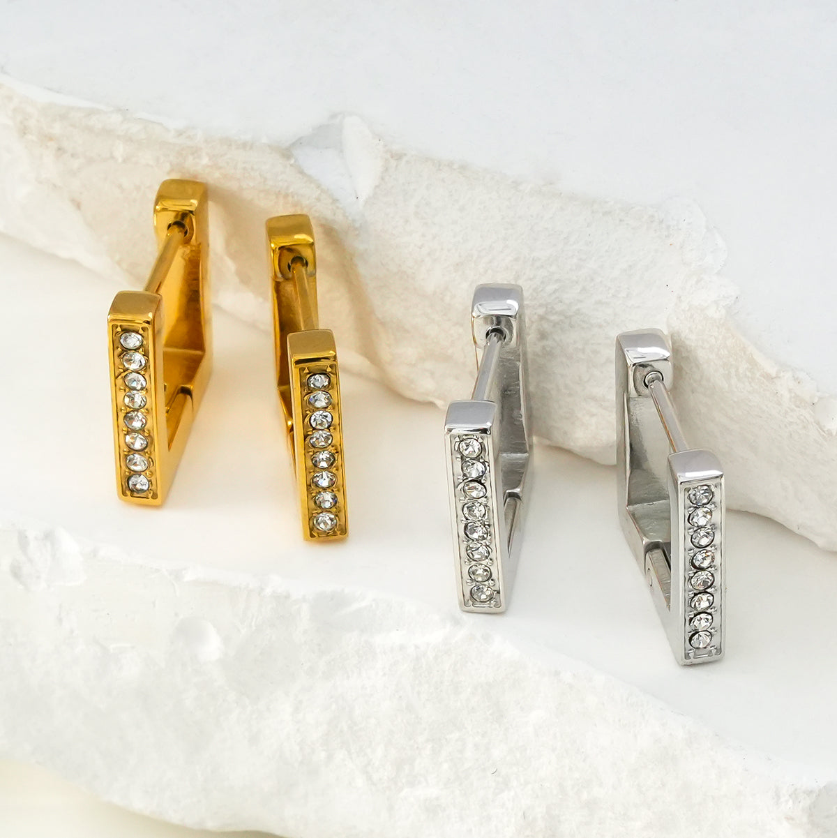 PAIA Gold: Tiny Squared Shape Hoop Earrings Embedded with Zirconia Gemstones