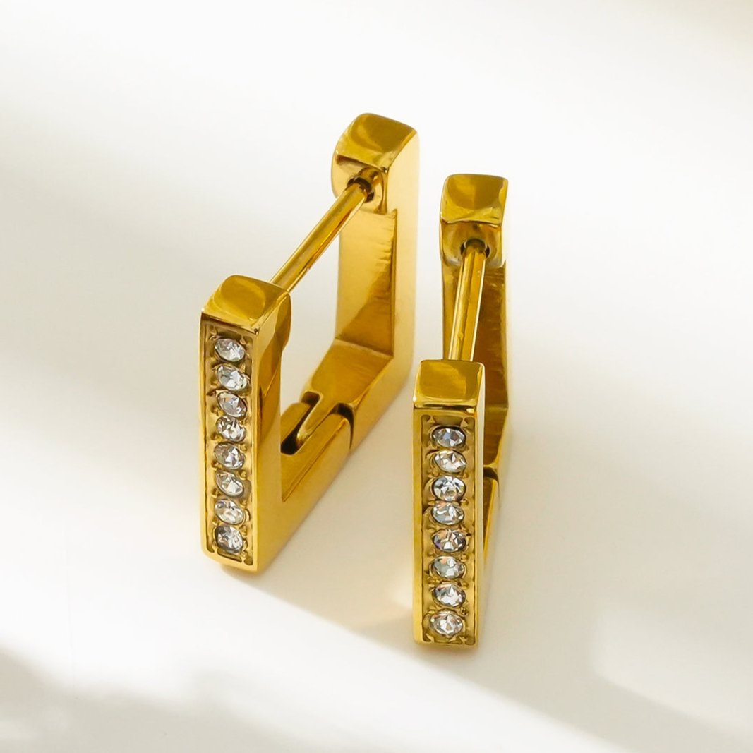 PAIA Gold: Tiny Squared Shape Hoop Earrings Embedded with Zirconia Gemstones