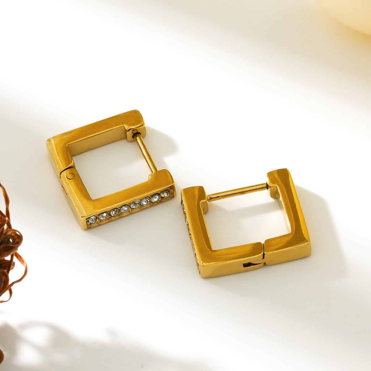 PAIA Gold: Tiny Squared Shape Hoop Earrings Embedded with Zirconia Gemstones