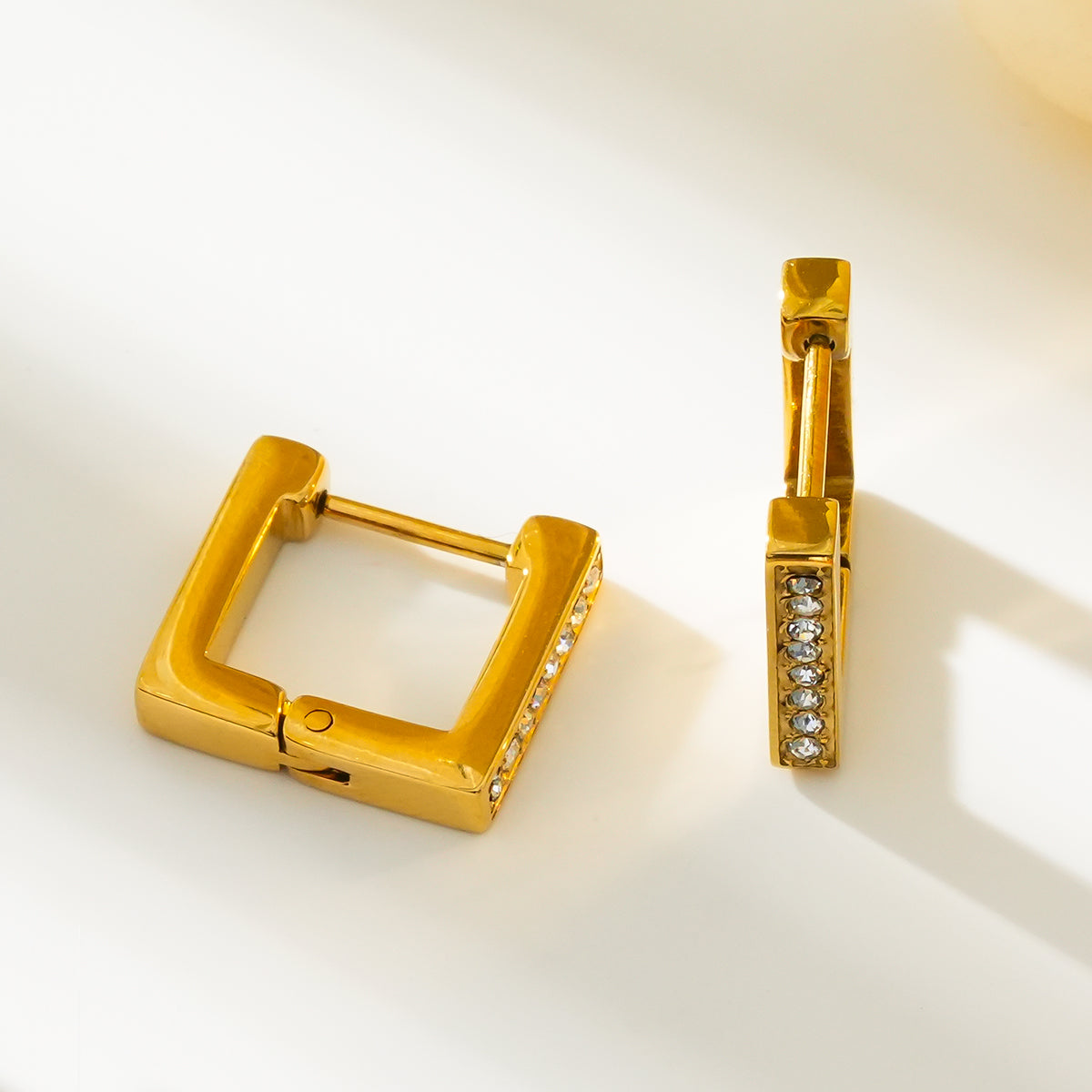 PAIA Gold: Tiny Squared Shape Hoop Earrings Embedded with Zirconia Gemstones